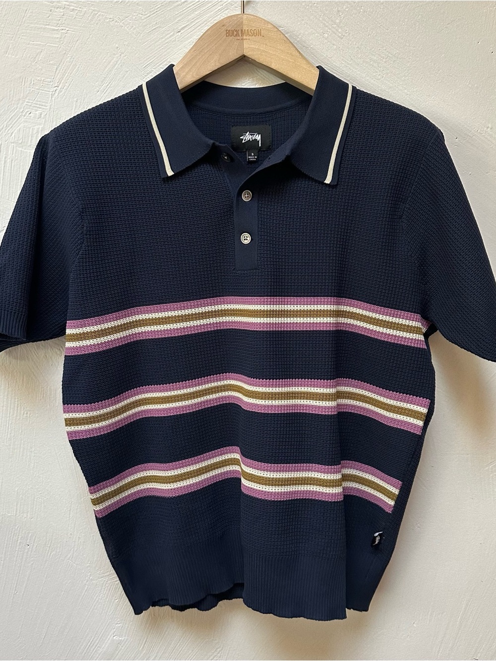Stussy Navy Polo with Pink and Tan Stripe Bands